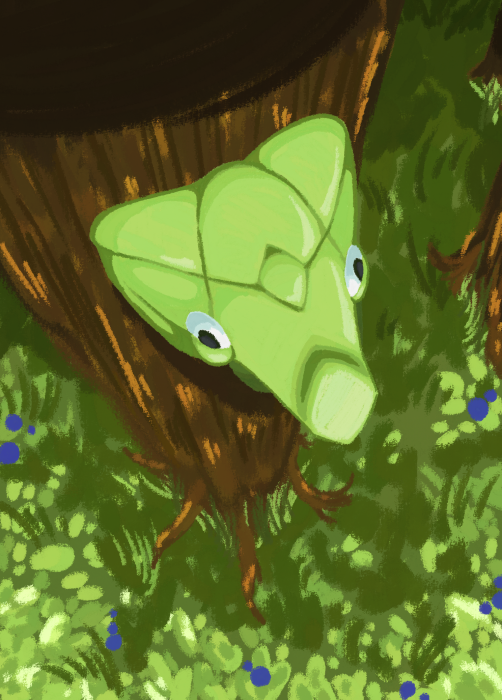an illustration of the Pokemon Metapod on a tree trunk
