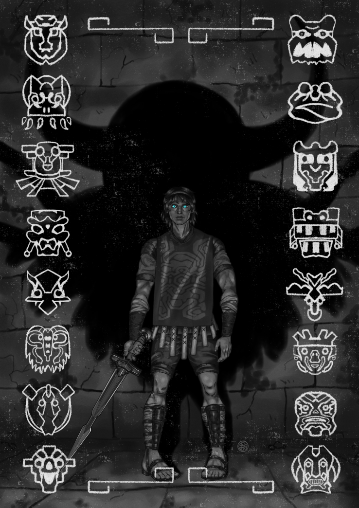 a boy stands in front of a wall, sword in hand, looking front, eyes shining bright blue.