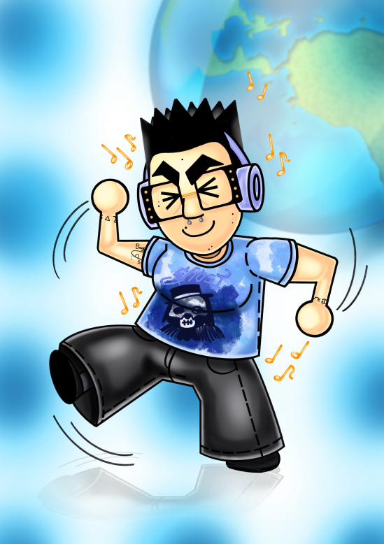 a mii with big glasses and dark hair poses happily on a frutiger background